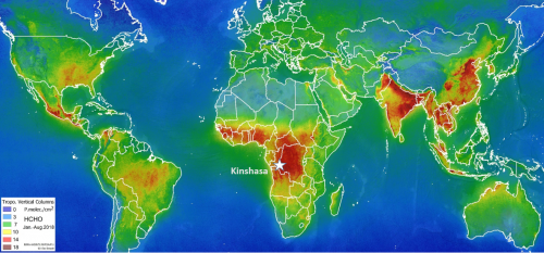 Distribution mondiale de formaldehyde mesuré par TROPOMI dans la période Janvier-Aout 2018  © BIRA-IASB/DLR/ESA/EU